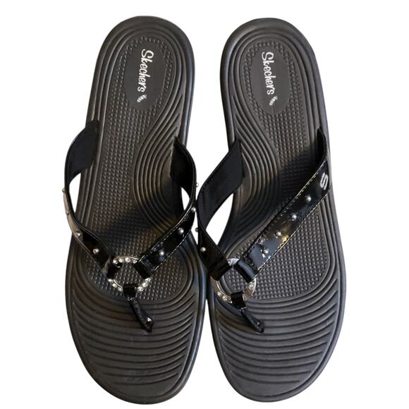 Skechers Cali Wedge Heel Sandals Flip Flop Black Womens Size 10 Rhinestones - Picture 5 of 11